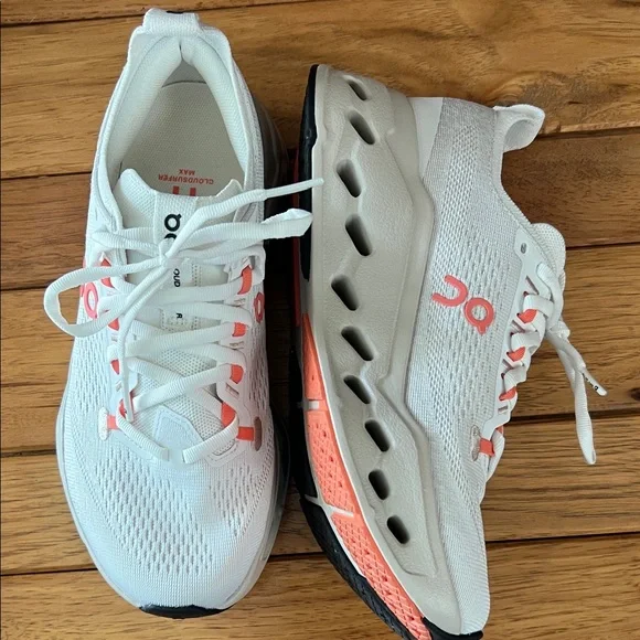 On Women's White and Coral Athletic Sneakers - Picture 2 of 3